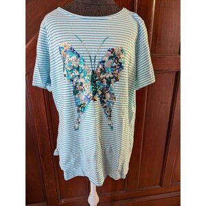 quacker Factory Blue & White Striped Butterfly Sequin T-Shirt 1X Casual Top